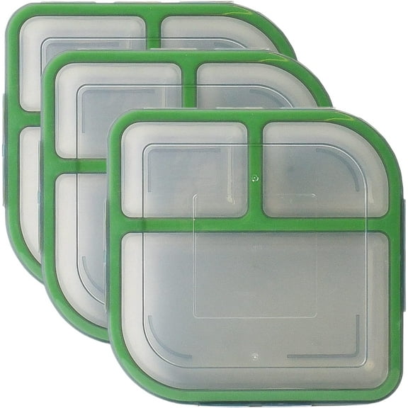 MyGo Container Large To-Go 3-Compartment Food Containers, Pack Of 3, 9-3/8" X 9-3/8" X 2-1/2", Reusable, Microwave Safe, NSF Certified, Smoke/Green