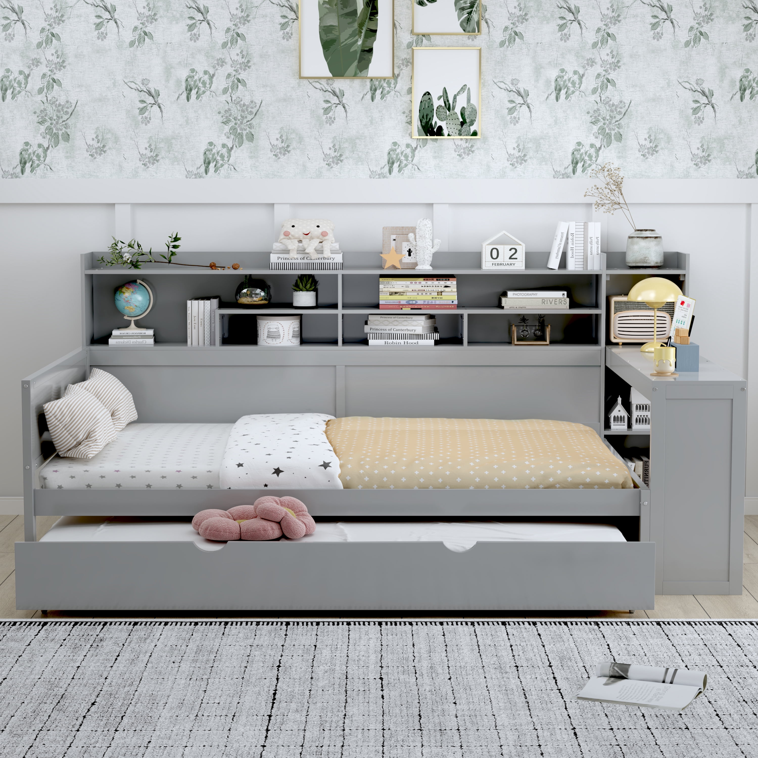 Euroco Wood Full Size Daybed with Storage Shelves and Desk, Twin Size Trundle Bed, Gray