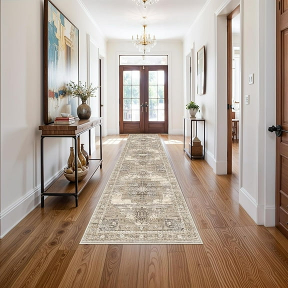 RUUGME Washable 3X12 Runner Rugs - Large Boho Rugs for Living Room Stain Resistant Carpet Vintage Tribal Rugs for Bedroom Kitchen Bathroom Non Slip Backing Home Decor Floor Decoration Mat 3X12 Beige