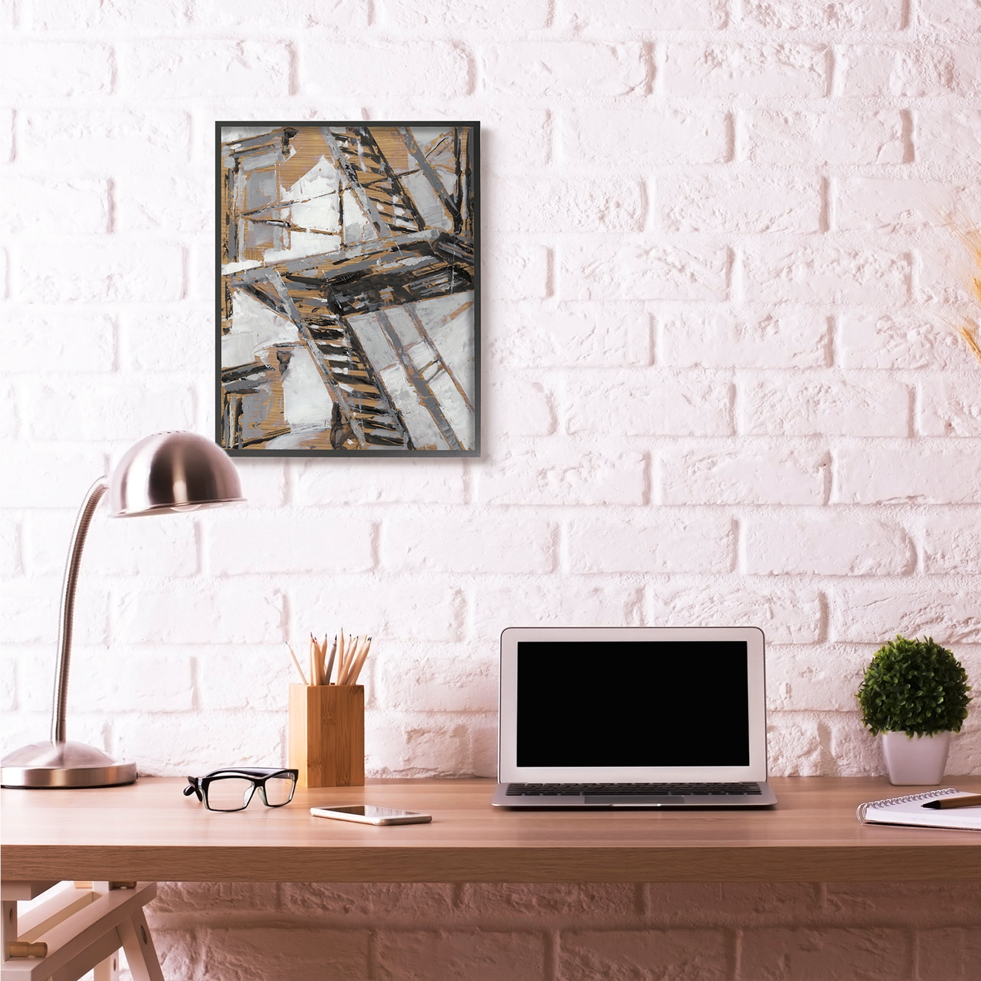 Stupell Industries Abstract Fire Escape Gold Silver City Painting Black Framed Art Print Wall Art, 24x30, by Ethan Harper