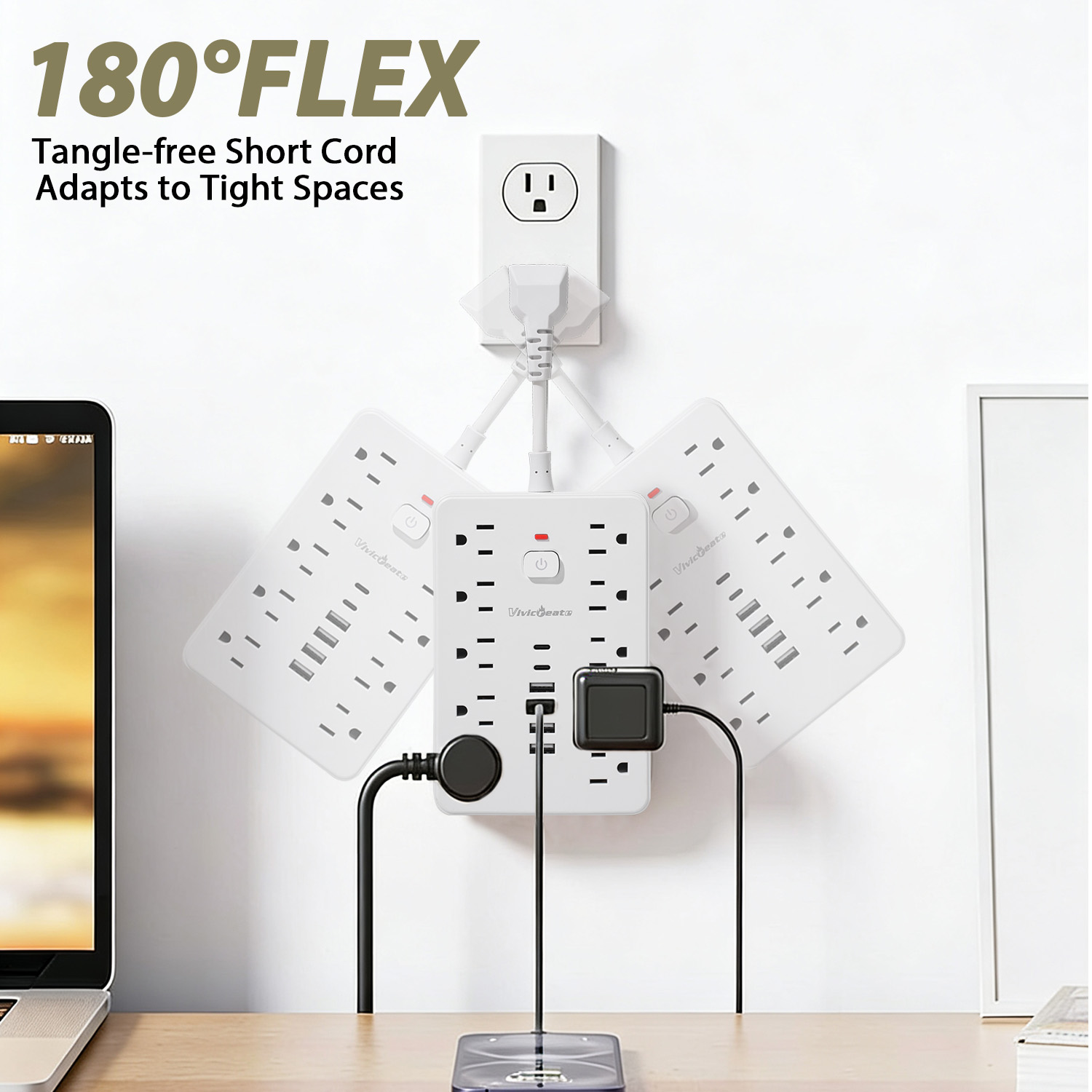 Vivicreate 16-in-1 Power Strip Surge Protector with 10 AC Outlets, 4 USB-A & 2 USB-C Ports, Flat Plug Short Extension Cord, Compact Power Strip for Home, Office, Desk & Travel