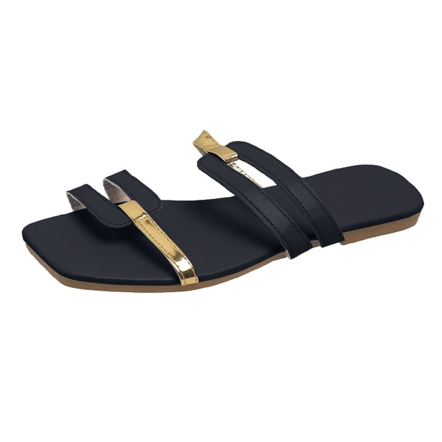 Women's Slip On Flat Sandals Fashion Square Open Toe Slides Lightweight Non Slip Color Blocking Slippers for Summer Black Size 7