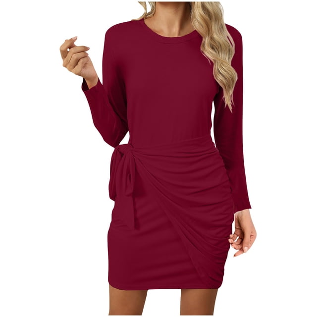 Birdeem Robe Longue à Manches Longues pour Femmes Robe d'Hiver Tempérament Col Rond Ceinture Nouée Manches Longues Couleur Unie Ajustée Robe Longue d'Été pour Femmes