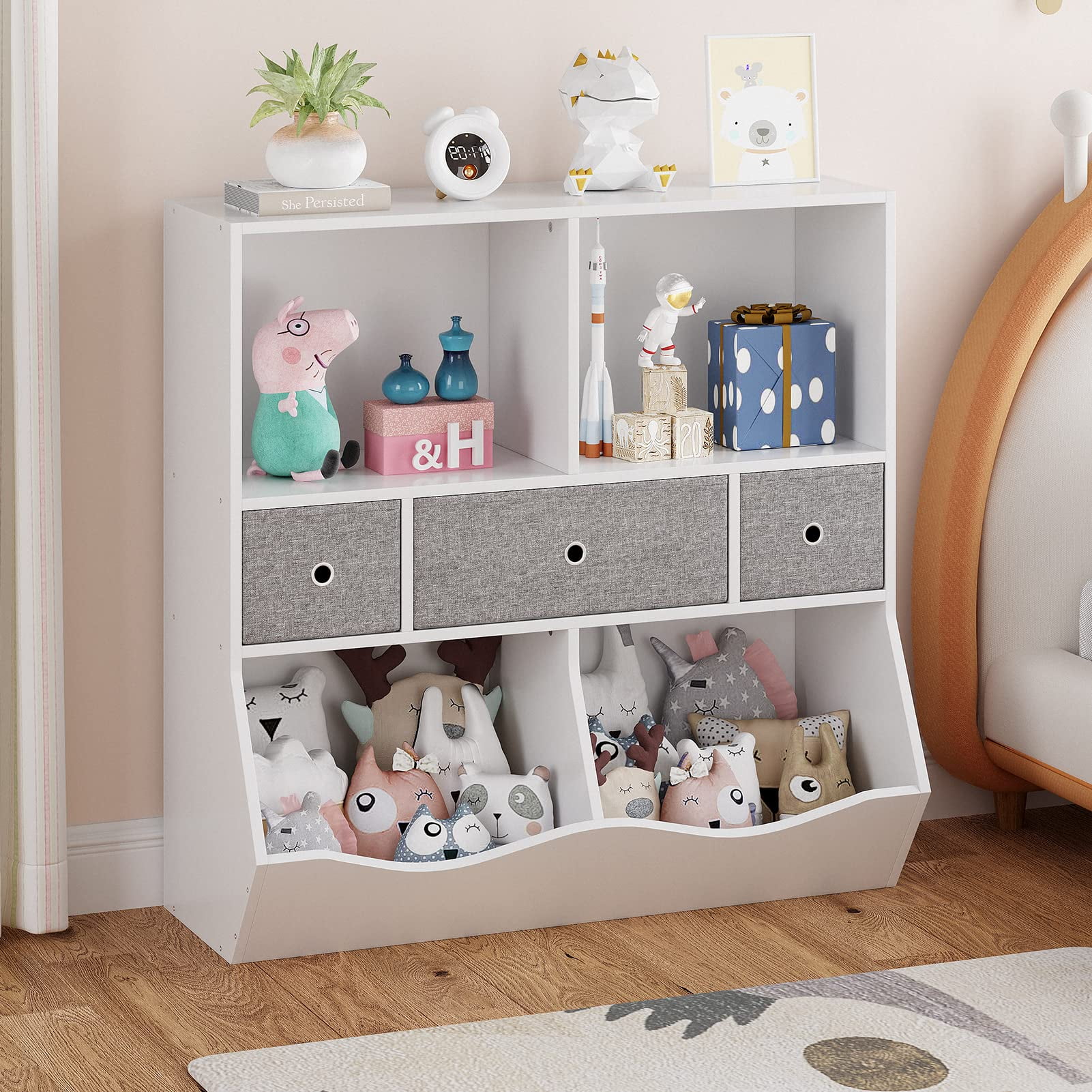 TROPOW Toy Storage Organizer,Kids Bookshelf and Toy Storage Organizer with 3 Movable Drawers, Floor Storage Cabinet Toy Chest with 4 Cubbies, Multifunctional Storage Chest for Nursery,White