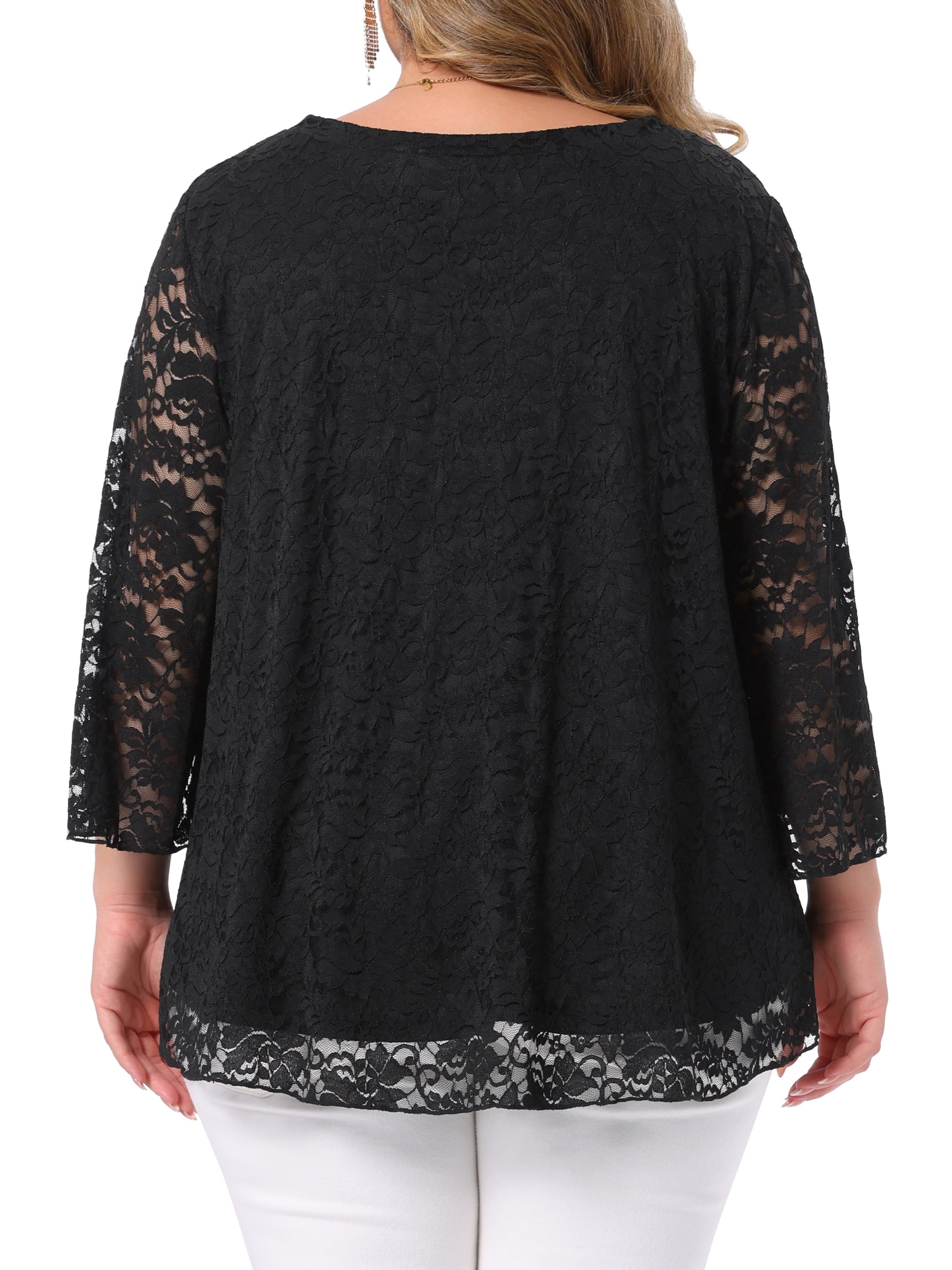 DARING DIVA Women's Plus Lace Top V-Neck Bell Sleeve Blouse Tunics 1X Black