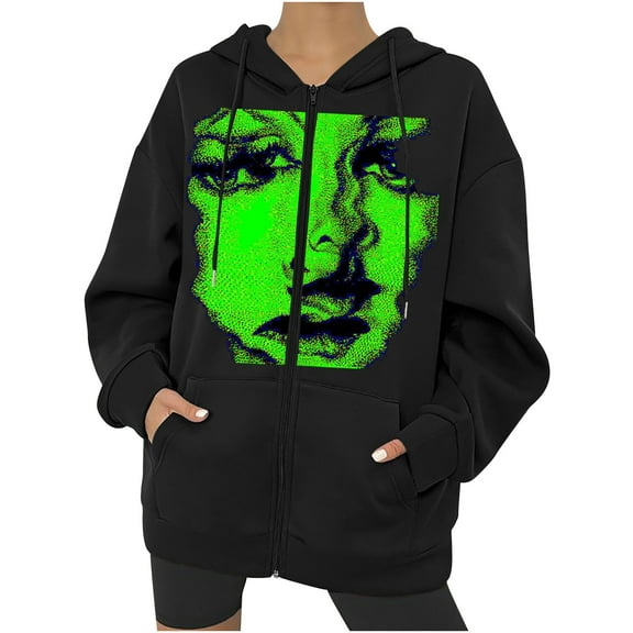 asdoklhq Clearance Coats Under $10.00 Plus Size,Women's Print Zipper Loose Punk Hooded Jacket Coat Hoodies Sweatshirts Coat