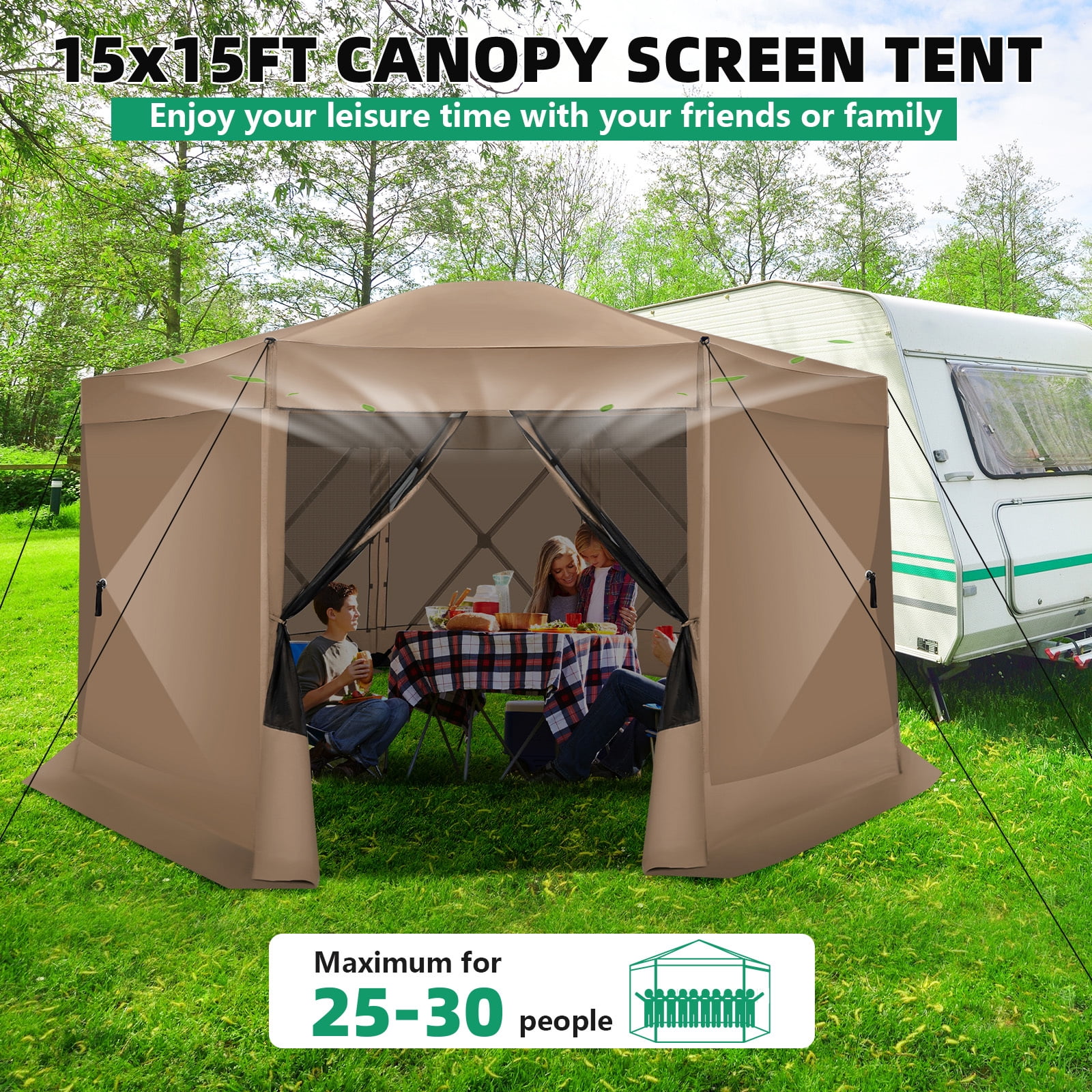 SANOPY 15'x15' Pop up Gazebo 8-Sided Outdoor Screen Gazebo with Netting & Sidewalls Camping Gazebo Instant Shelter Glamping Tent w/ Carrying Bag for Backyard Garden, Khaki