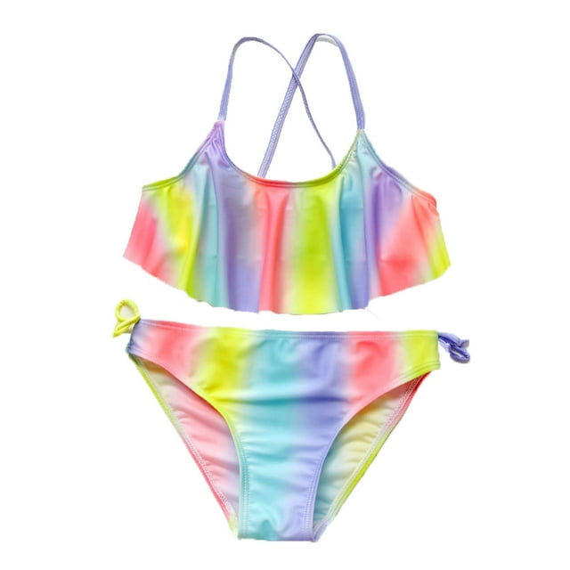 Traje de baño de dos piezas dividido para niña con estampado tie-dye y volantes Honeeladyy