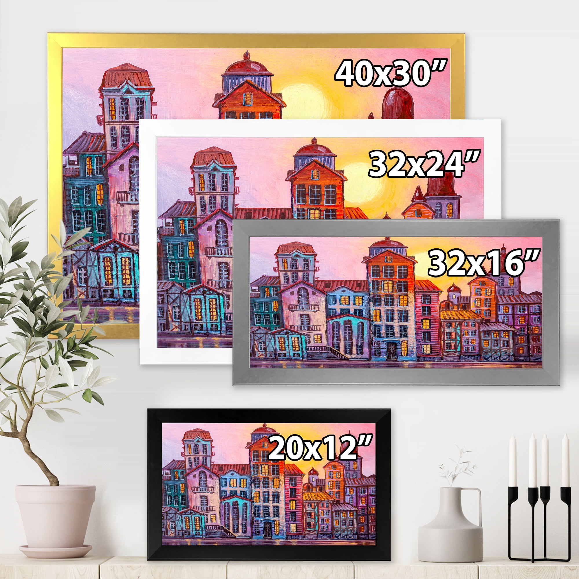 Designart 'Afternoon Street Scene In Old Town With Colorful Buildings' Mid-Century Modern Framed Art Print