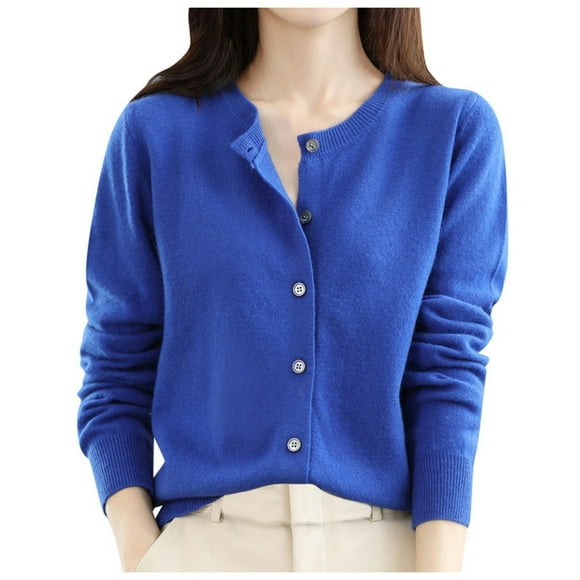 GPOECD Women's Knitted Round Neck Long Sleeve Solid Color Cardigan Jacket Versatile Womens Cardigan Sweaters for Spring and Fall Dark Blue,XXL