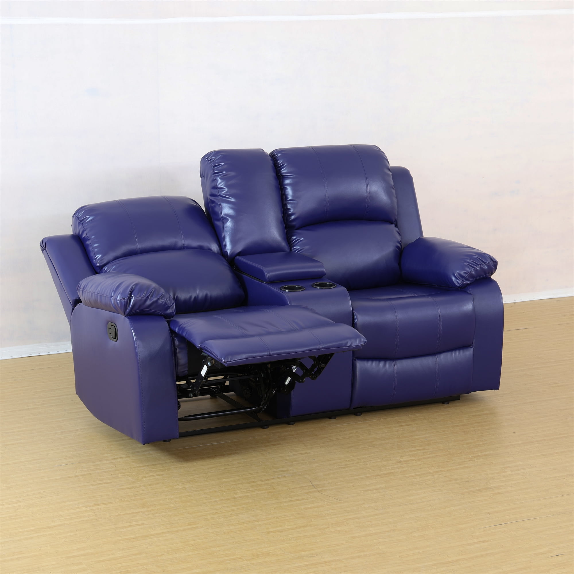 Aukfa Double Manual Recliner Chair, Overstuffed Loveseat with Cupholder for Living Room, Leather, Blue