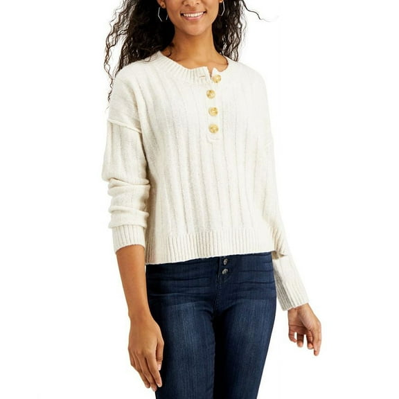 Hippie Rose HEATHER OATMEAL Girls Juniors' Ribbed Henley Sweater, S