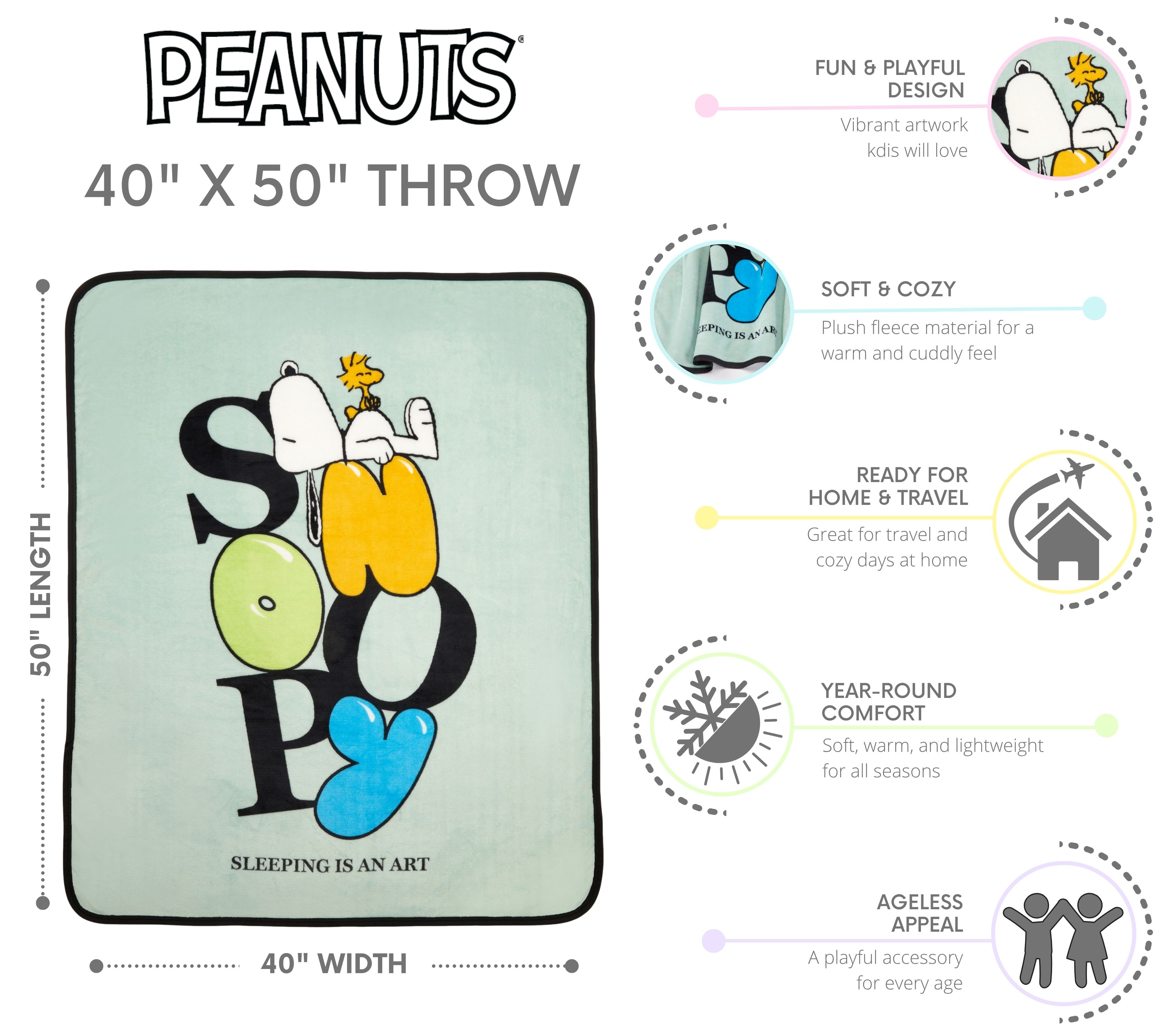 Peanuts Snoopy Kids Mint Green Silky Soft Throw Blanket, 40x50