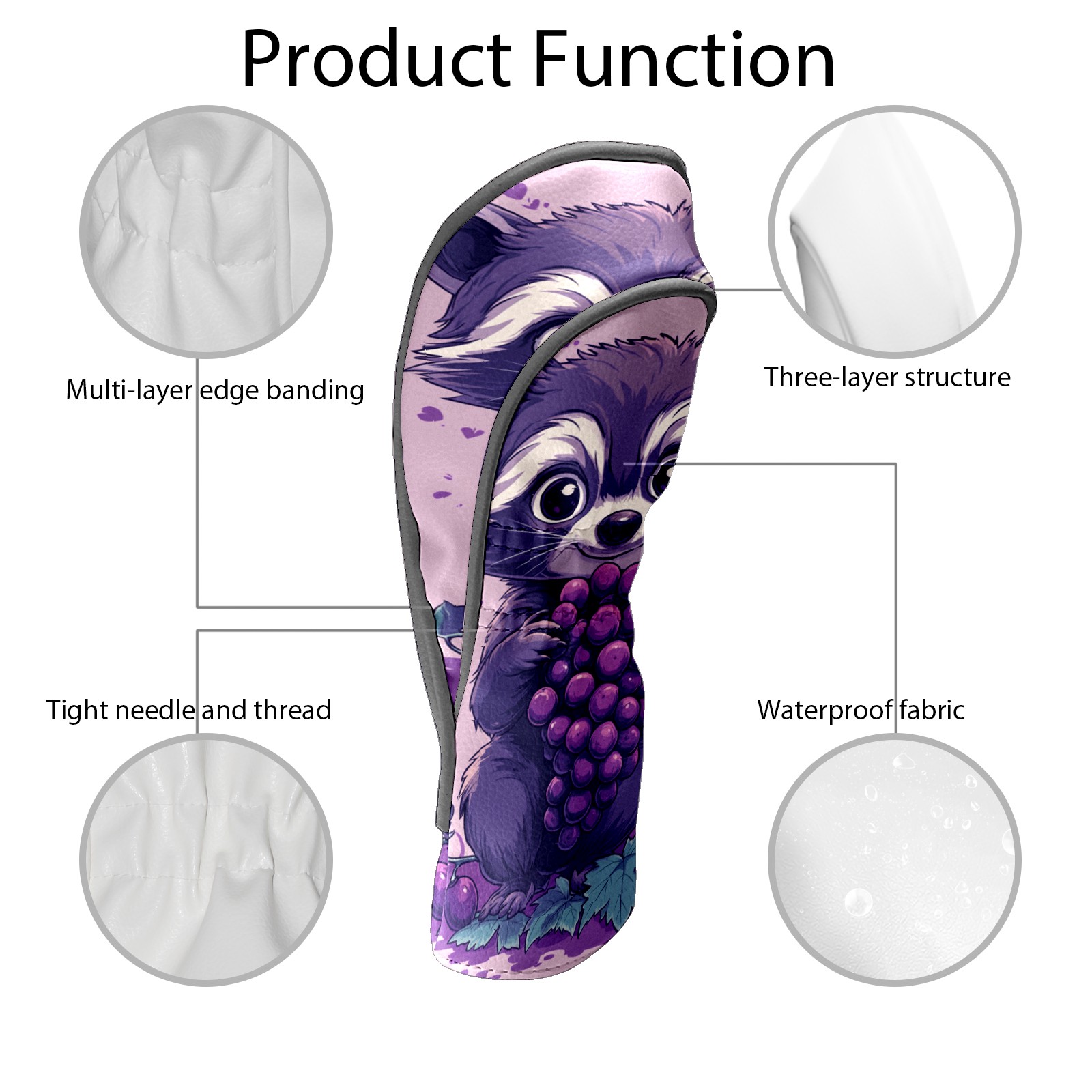 Golf Club Covers PU Leather Waterproof Head Covers for Fairway Woods Hybrids Cartoon Raccoon Grapes
