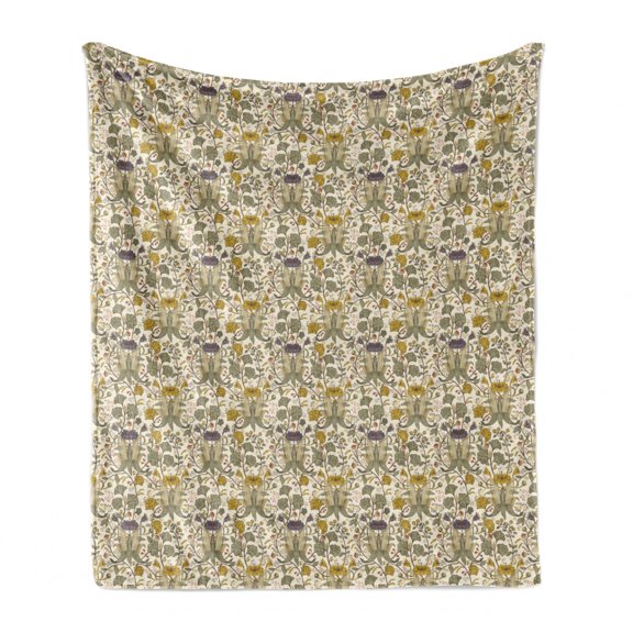 Floral Soft Flannel Fleece Throw Blanket, Repetitive Detailed Sketch Flowers Wild Botanic Plants Pattern, Cozy Plush for Indoor and Outdoor Use, 50" x 60", Pale Earth Yellow Ecru, by Ambesonne