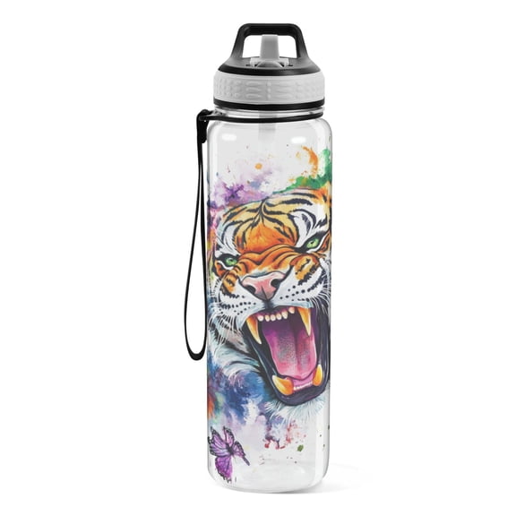 Motivational Water Bottle 32 oz with Straw, BPA Free Reusable Fitness Sport Bottle Perfect for Travel, School, Outdoors, and Gym Watercolor Tiger