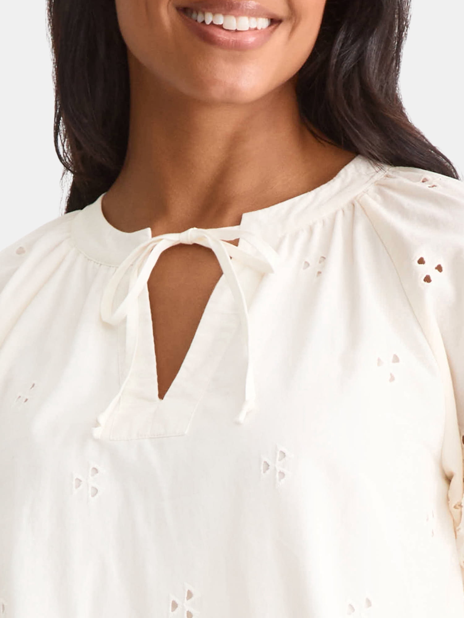 Time and Tru Women's Eyelet Top with Puff Sleeves, Sizes XS-XXXL