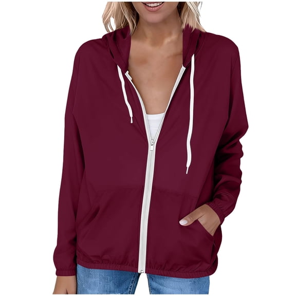Staron Women's Lightweight Sun Protection Jacket Long Sleeve UPF Hooded Casual Zippered Front with Pockets Spring Summer Fall Beach Travel Outerwear, Wine XXL