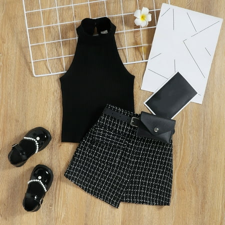 

Hunpta Summer Toddler Girls Sleeveless Ribbed Vest Tops And Plaid Skirt Belt Waist Bag Outfits