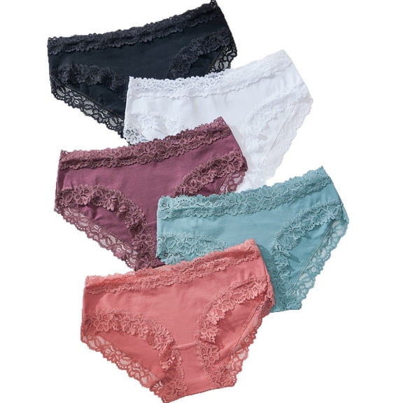 5 Pack Women Cotton Hipster Panties, Soft Breathable Lace Waistband Cheeky Bikini Ladies Underwear, S-XL