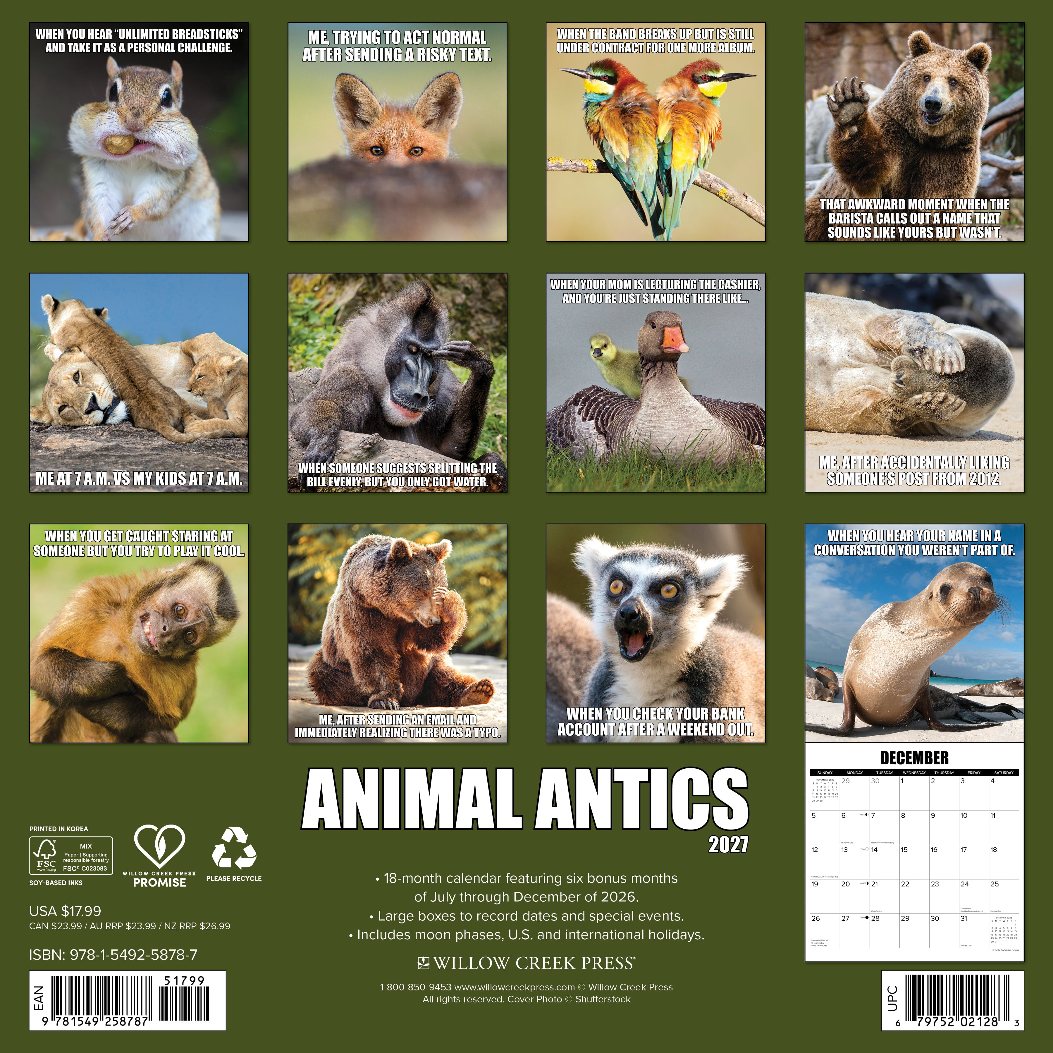 Willow Creek Press, Animal Antics 2027 Wall Calendar