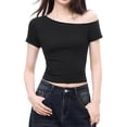 thumbnail image 2 of Off the Shoulder Tops for Women Casual Loose Short Sleeve T-Shirts 2026summer Fashion Slim Basic Tee,Black,S, 2 of 6