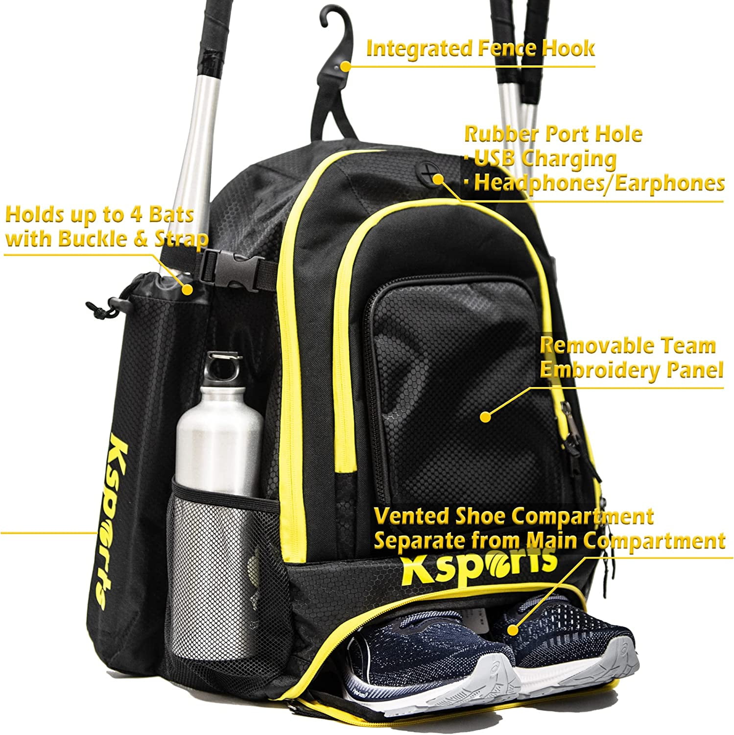 Ksports Baseball T Ball Bag Black Yellow Holds Bats Helmet Gloves Gear Shoe Compartment Fence Hook Walmart