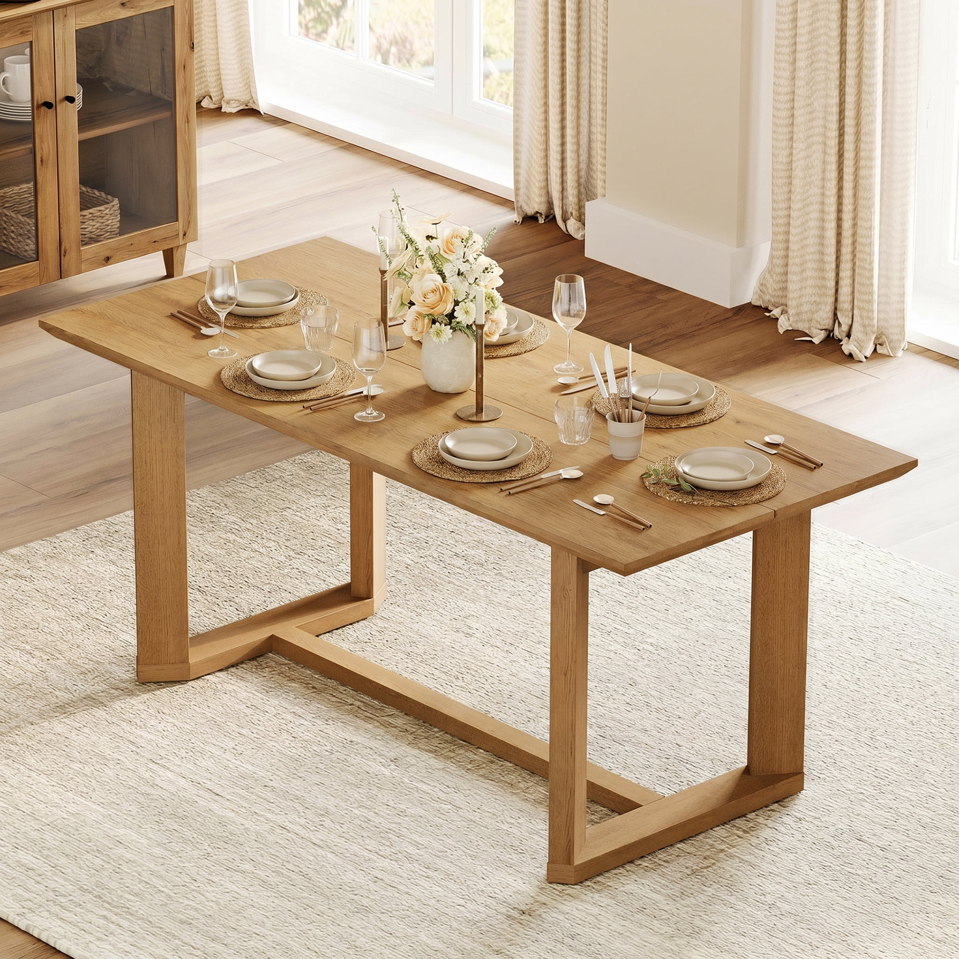 Rectangular Wooden Dining Table for 4-6, Rustic Kitchen Table with Solid Wood Trestle Base, Vintage Brown
