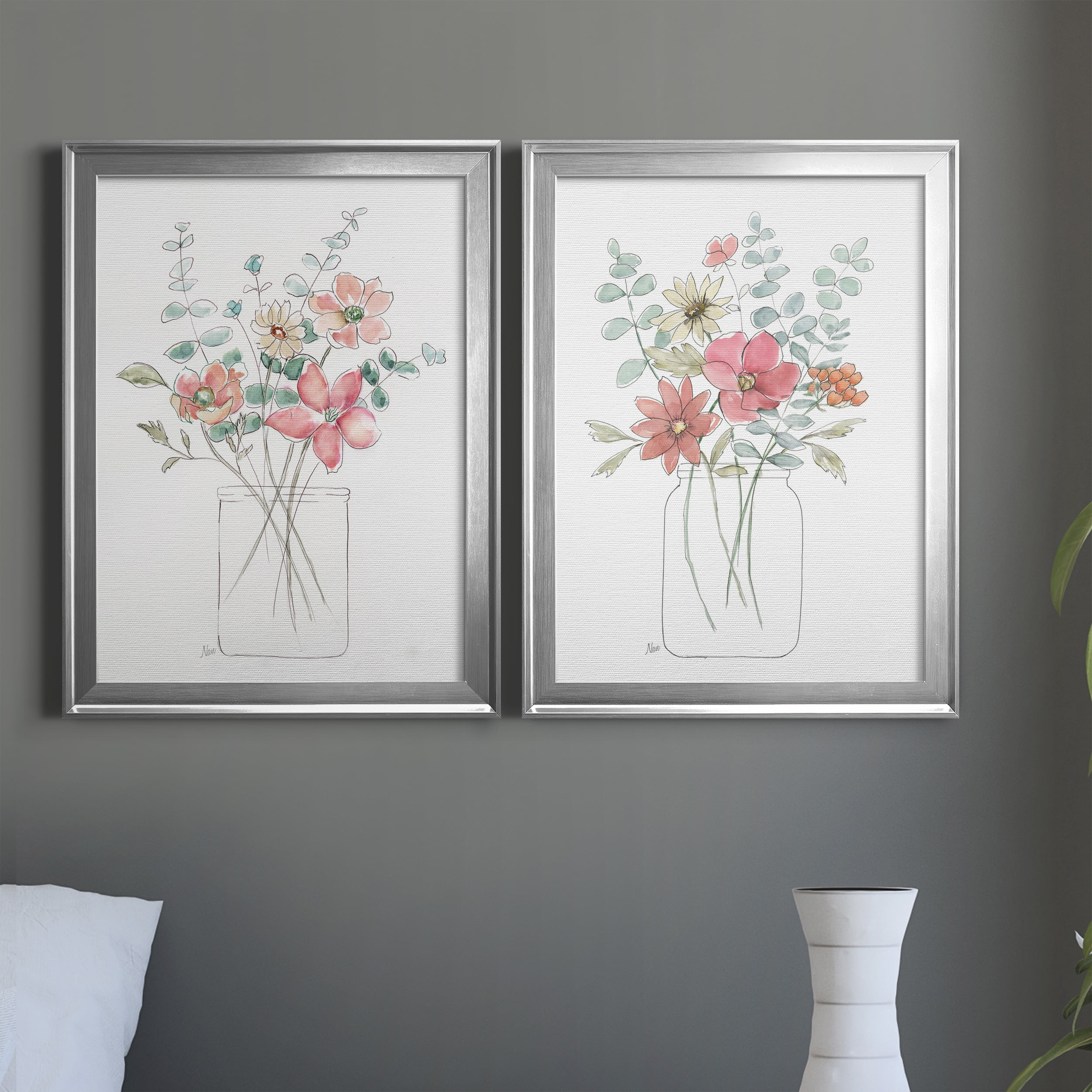 2 Piece Set Whimsical Wildflowers I Premium Framed Canvas - Ready to Hang - 22.5 x 30.5 Each - Silver Frame