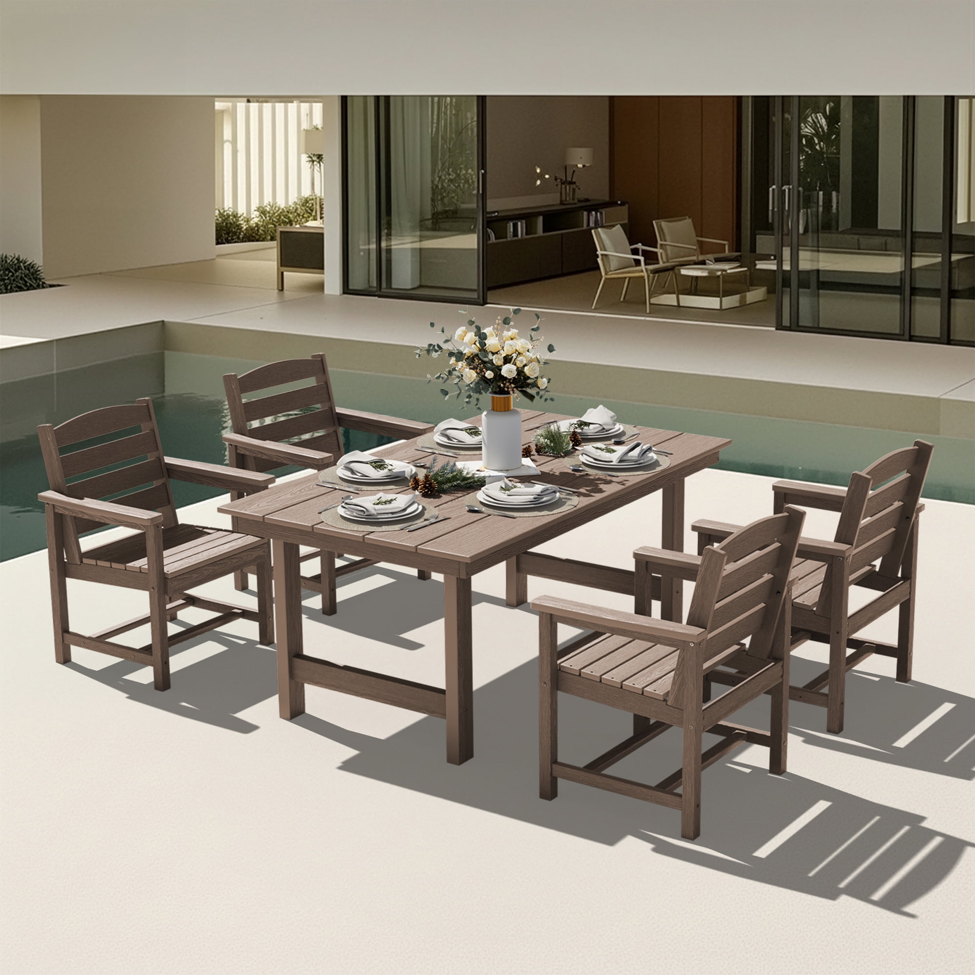 KINGYES All Weather Outdoor Dining Chairs Set of 2, HDPE Oversized Patio Chairs, Brown