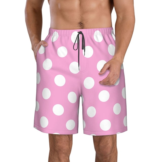 Balery Pink And White Polka Dot Traje de Baño Estilo Hawaiano para Hombre, Shorts de Secado Rápido con Bolsillos-Small