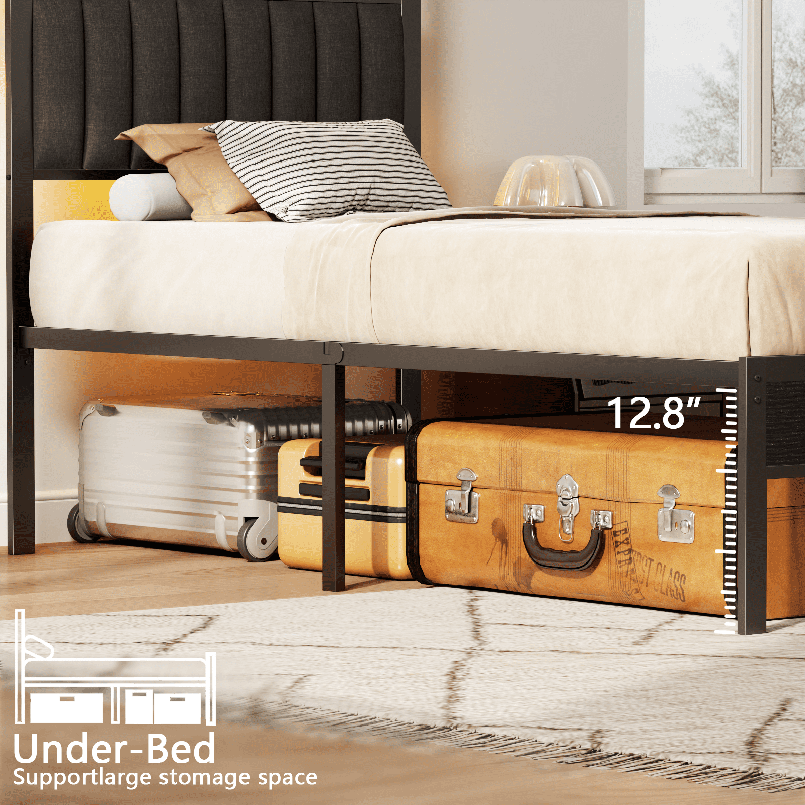 Glozzt Twin LED Bed Frame with Smart RGB Lights, Headboard Charging Station, Versatile Storage Solution, Comfortable Upholstered Backrest, No Box Spring Needed