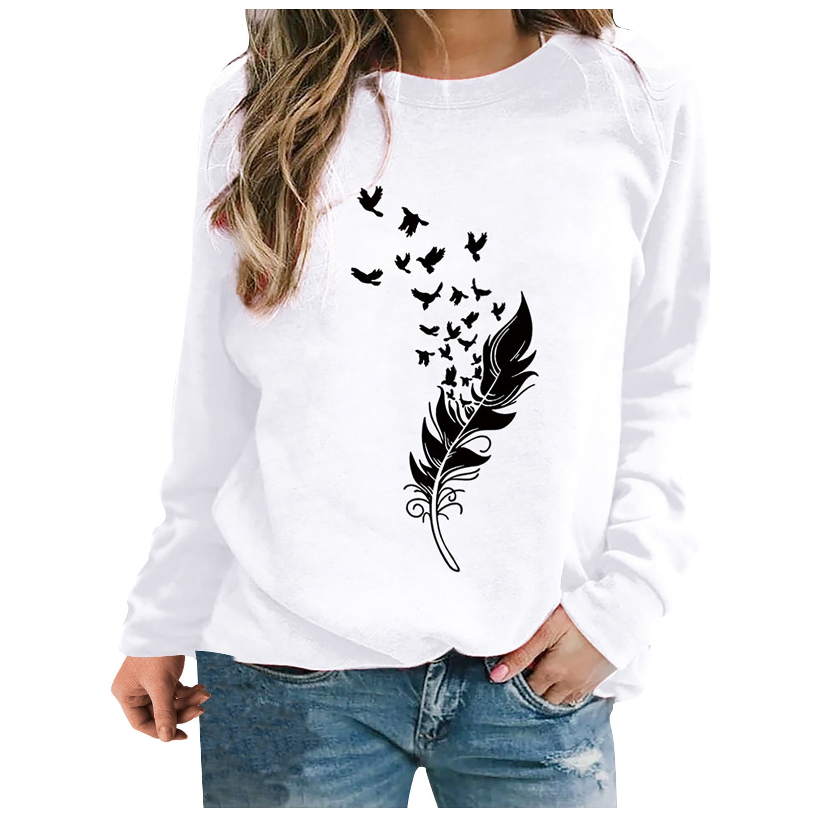 Pullover Tops for Women Heart Floral Feather Print Tee Shirt Sweatshirts Long Sleeve Crewneck Casual Tunic Blouse 