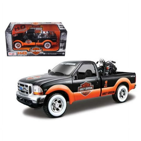 1999 Ford F-350 Pickup Truck With Harley Davidson 1/27 with 1936 El Knucklehead Motorcycle 1/24 Orange/White by Maisto