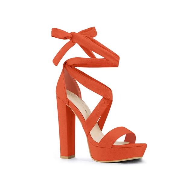 BLISSFUL STEP Women's Lace Up Platform Block Heel Sandals Orange 8