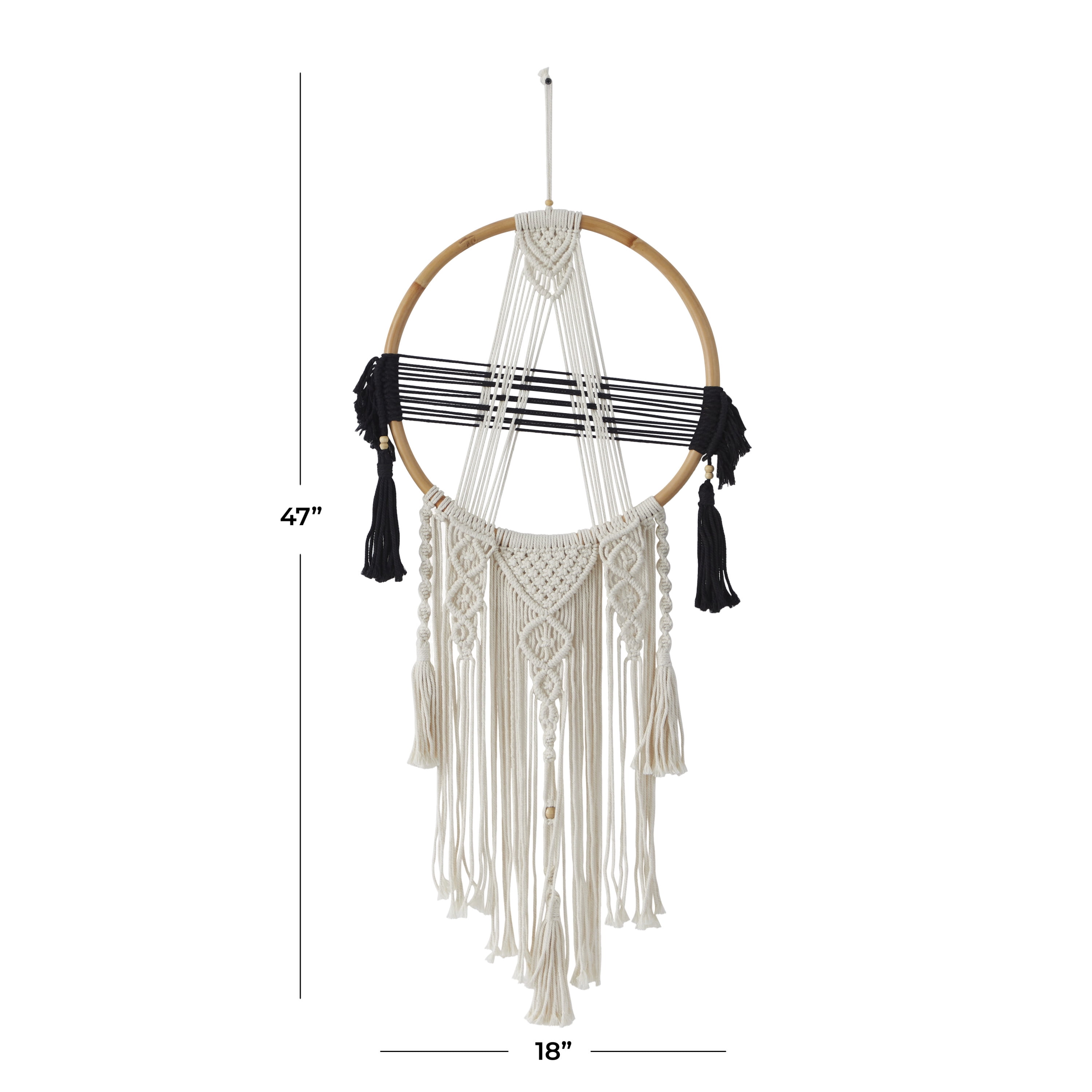 DecMode Black Cotton Handmade Intricately Weaved Macrame Wall Decor with Beaded Fringe Tassels