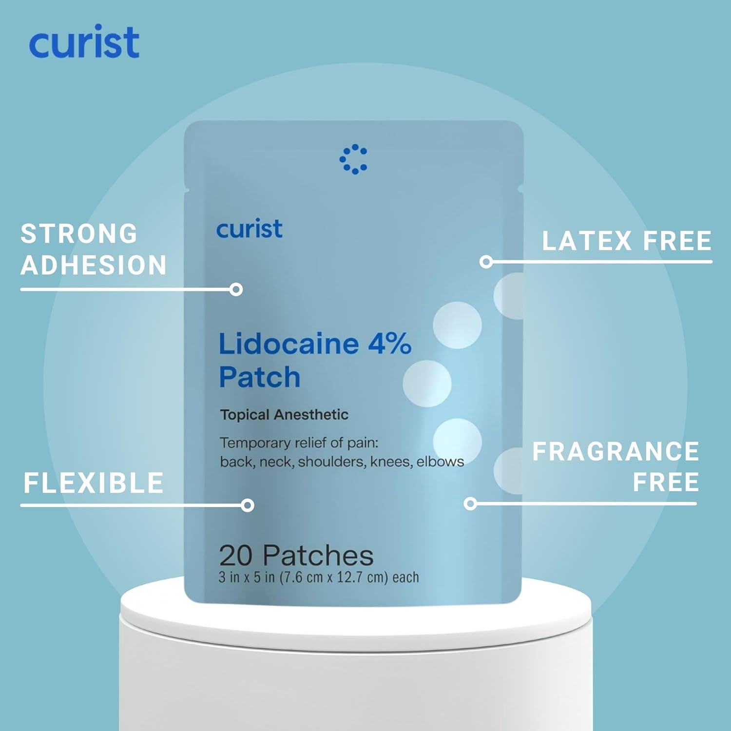 Curist Super Stick Lidocaine Patches Topical Pain Relief - Long Lasting Adhesive for Back Relief, Neck Relief, Sore Muscle Relief (20 Patches -1 Pack - 3x5 Lidocaine 4% Patches)