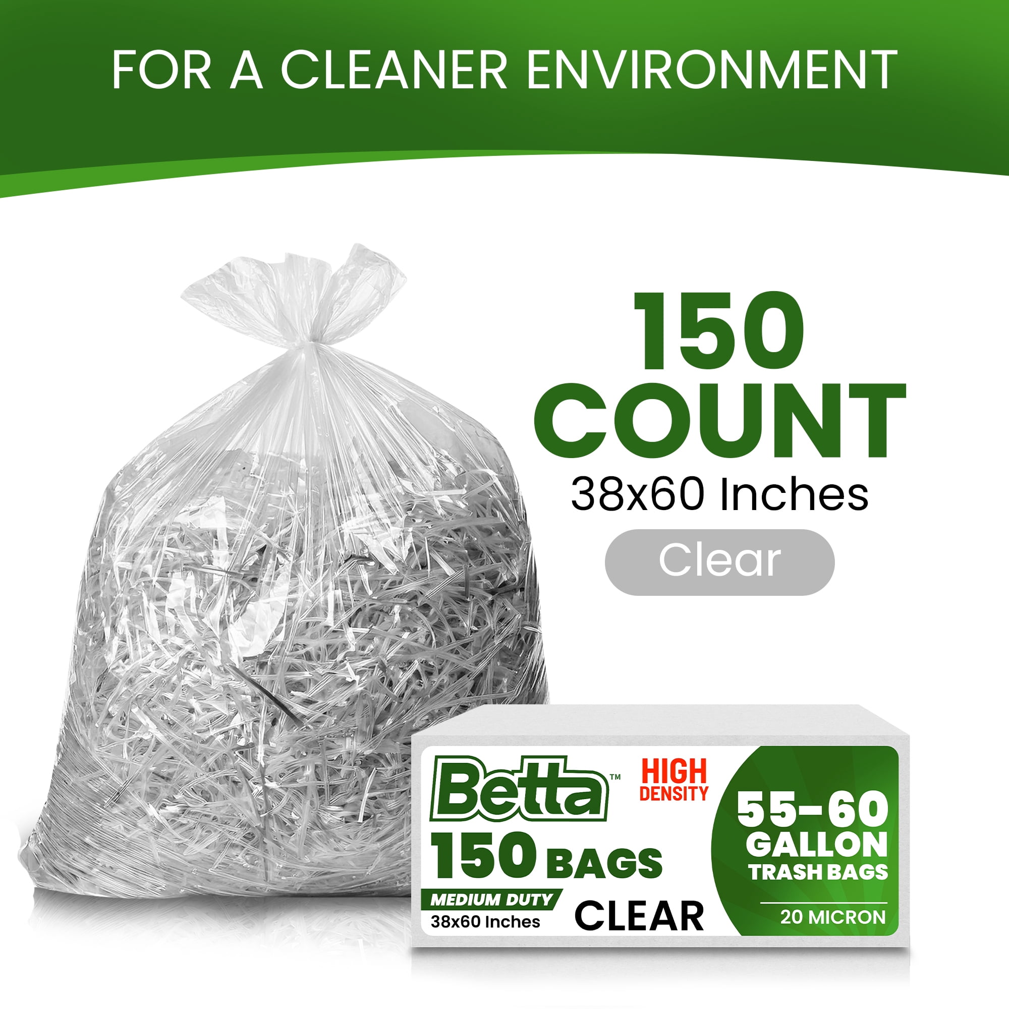 Betta 55-60 Gallon Clear High-Density Trash Bags, 150 Count Box, (38x60-inch) Commercial Medium-Duty Garbage Can Liners