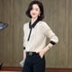 thumbnail image 5 of Camisas de seda auténtica para mujer coreanas de nuevo diseño de 2022, blusas elegantes para oficina, camisas de manga larga con un solo pecho, 5 of 5