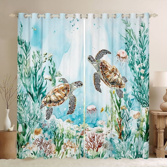 Manfei Cartoon Sea Turtle Kitchen Curtains,Calm Ocean Plant Black Out Curtains Pack of 2 (42x63 Each),Green