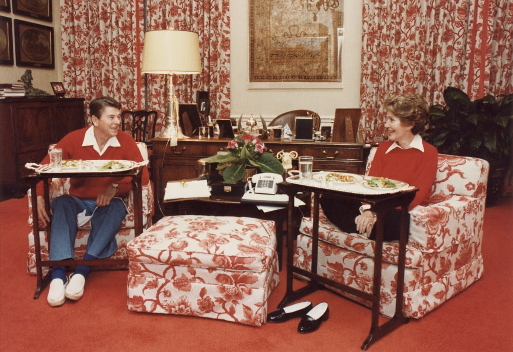 President And Nancy Reagan Eating On Tv Trays In The White House Living