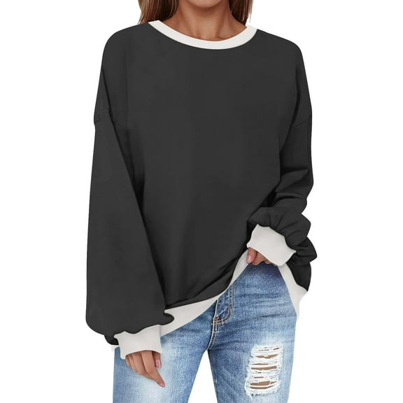 Oversized Sweatshirt for Women Crewneck Solid Color Long Sleeve Shirts Sweatshirt