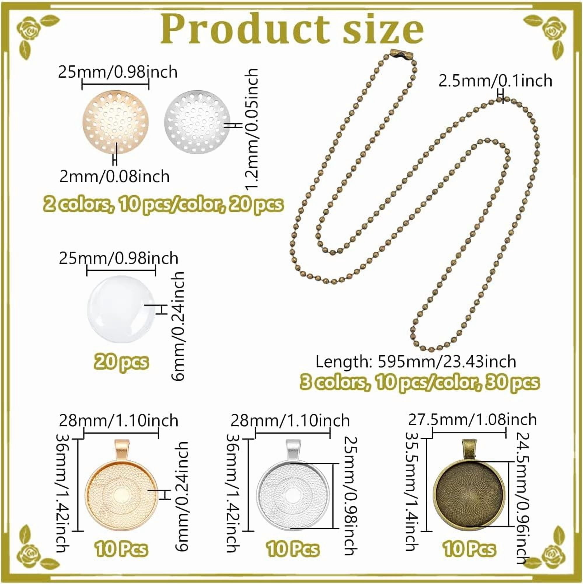 100Pcs Round Bezel Pendant Tray Kits 3 Styles Alloy Cabochon Charm Settings with Dome Glass Cabochons Chains and Brooch Sieve Findings DIY Craft Supplies