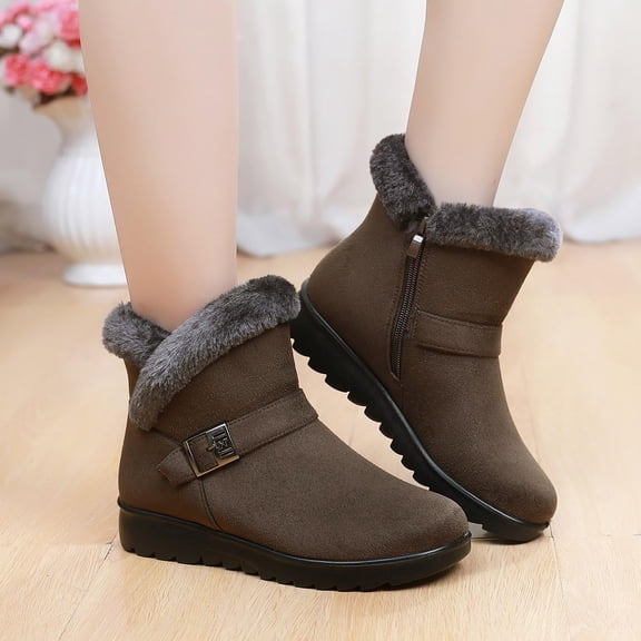 Women's Winter Fur Snow Ankle Boots Buckle Suede Waterproof Zipper Anti-slip Warm Snow Short Booties