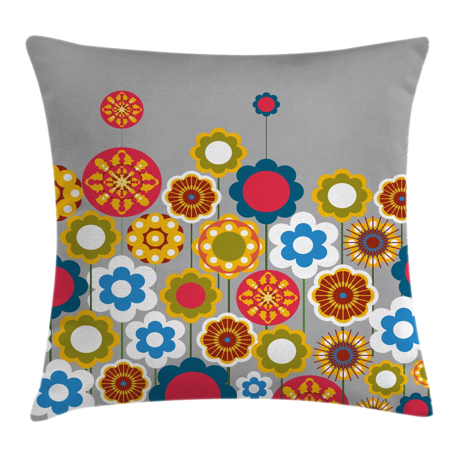 Floral Throw Pillow Cushion Cover, Cute Flower Heads in Circular Shapes