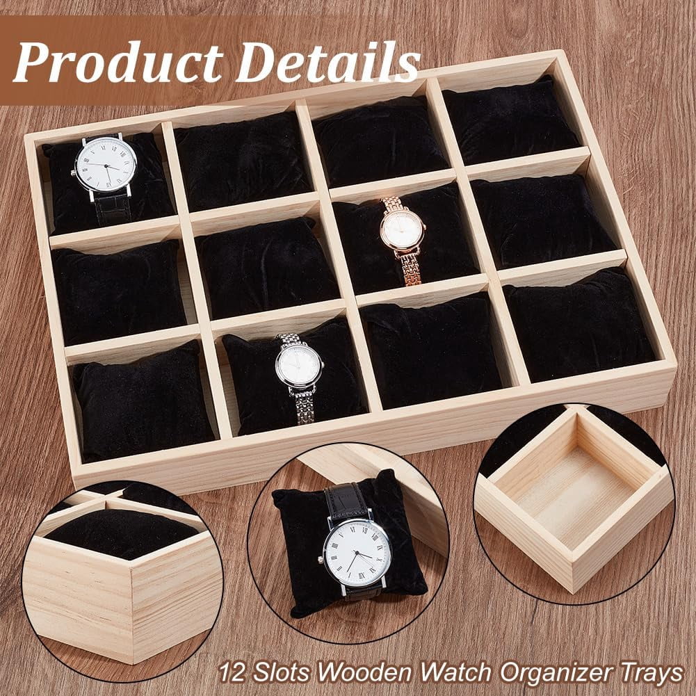 12 Slot Wooden Watch Organizer Tray Display Holder with Removable Velvet Pillows Stackable Jewelry Bracelet Storage Tray for Drawer Showcase Black diy