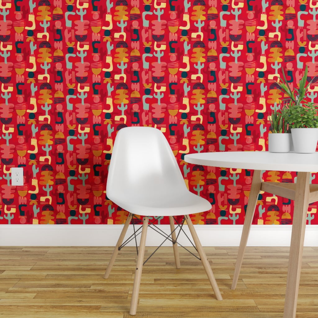 Peel-and-Stick Removable Wallpaper Coral And Red Cacti Saguaro Cactus Abstract 