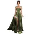 thumbnail image 1 of Vestido de fiesta Stylefun, satén verde oliva, línea A con abertura y bolsillos, 1 of 7