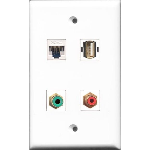 RiteAV 1 Port RCA Red and 1 Port RCA Green and 1 Port USB A-A and 1 Port Cat5e Ethernet White Wall Plate