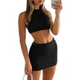 thumbnail image 3 of SAYOO Women's Knitted Skirt Suit Solid Color Sleeveless Tie Back Halter Crop Tops with Summer Mini Skirt, 3 of 5